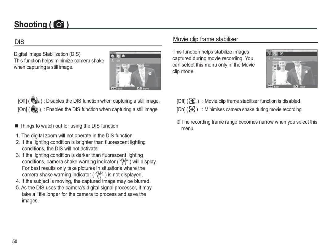 Samsung TL105 manual Movie clip frame stabiliser 