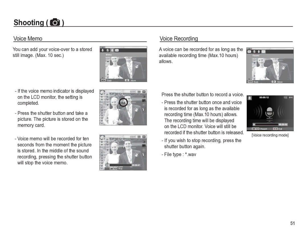 Samsung TL105 manual Voice Memo, Voice Recording, Available recording time Max.10 hours, Allows 