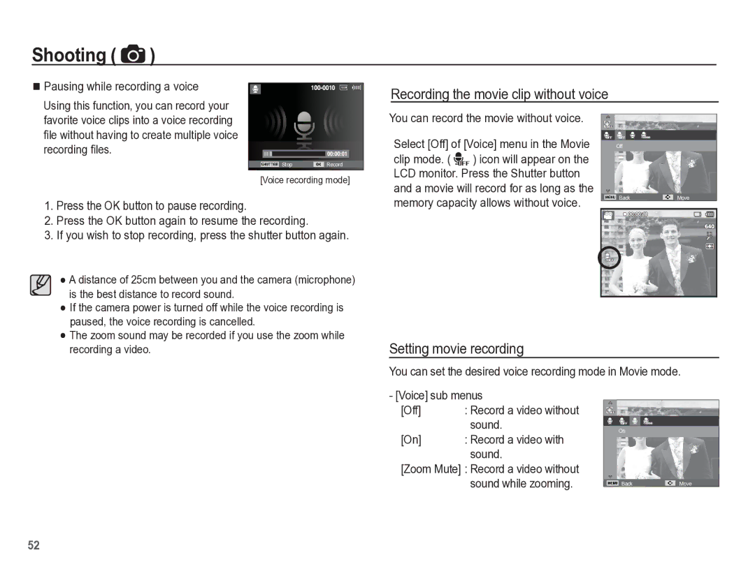 Samsung TL105 Recording the movie clip without voice, Setting movie recording, Memory capacity allows without voice, Sound 