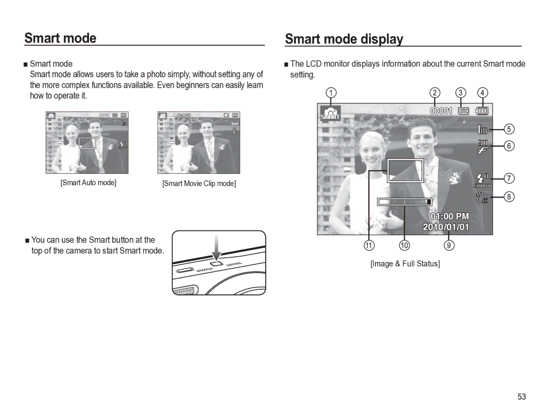 Samsung TL105 manual Smart mode display, Smart Auto mode, Image & Full Status 