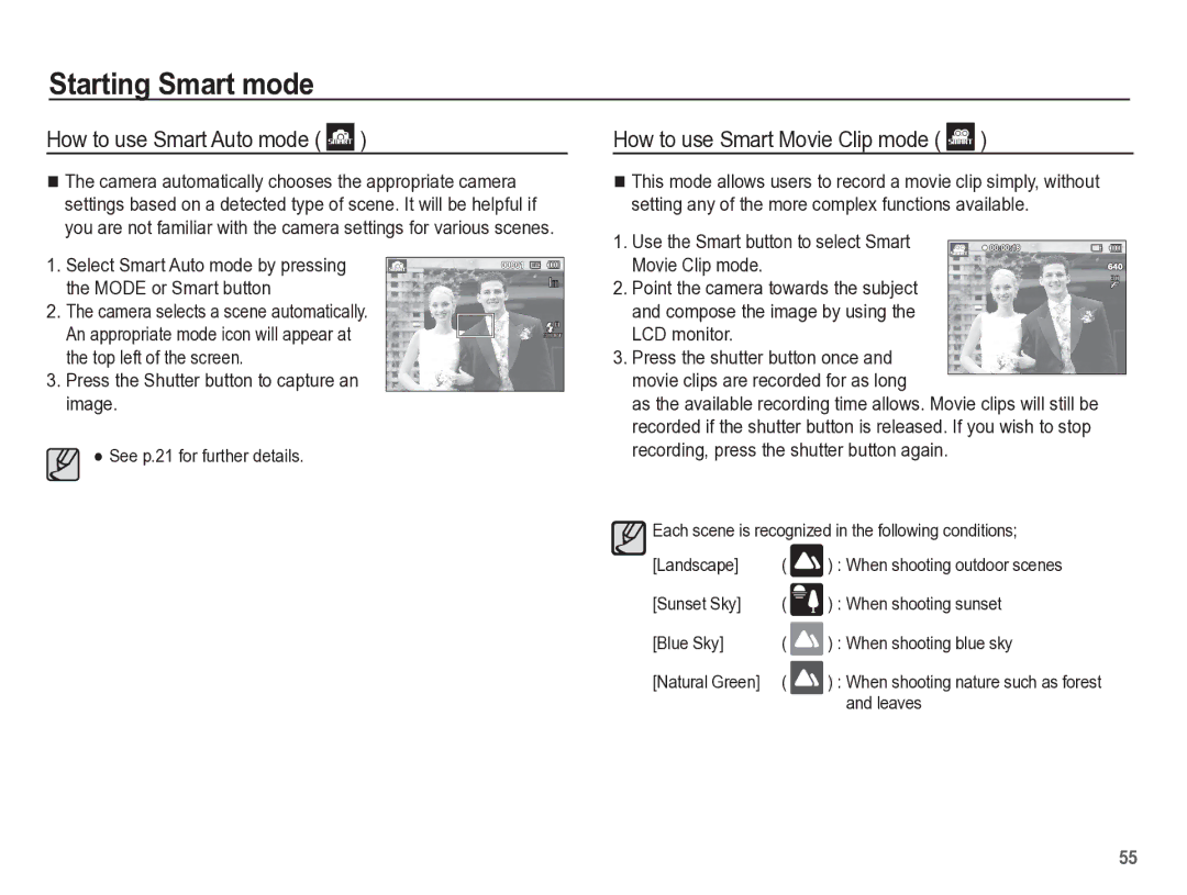 Samsung TL105 manual How to use Smart Movie Clip mode, See p.21 for further details 