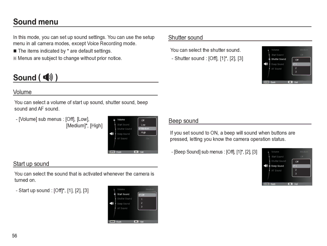 Samsung TL105 manual Sound menu, Sound  