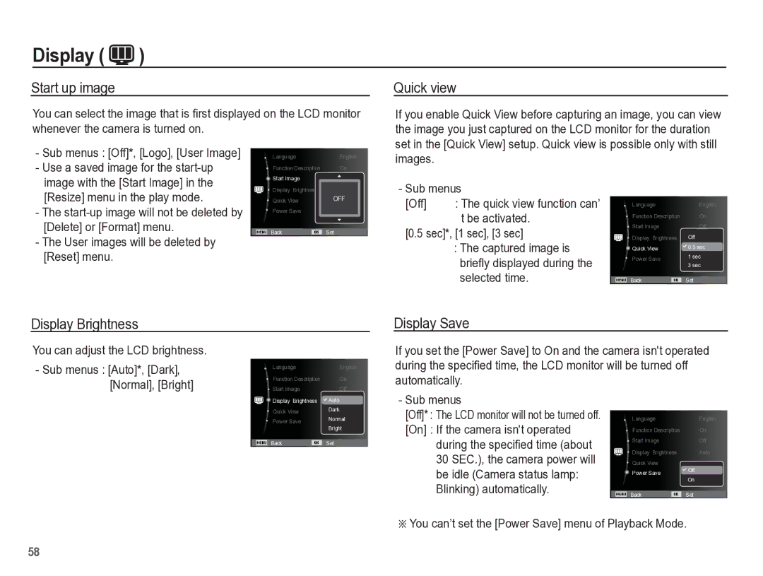 Samsung TL105 manual Start up image, Quick view, Display Brightness, Display Save 