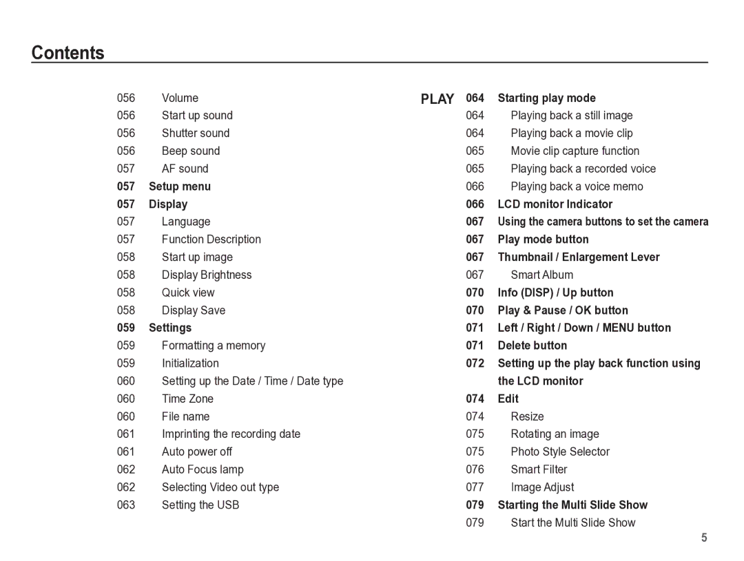 Samsung TL105 Volume, Start up sound 064 Playing back a still image, Shutter sound 064 Playing back a movie clip, Language 