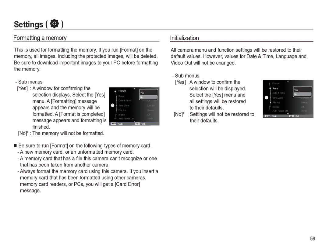 Samsung TL105 manual Formatting a memory, Initialization, No* Settings will not be restored to their defaults 