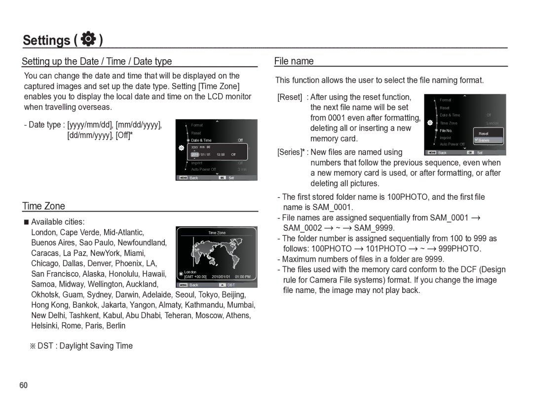 Samsung TL105 manual Setting up the Date / Time / Date type, File name, Time Zone 