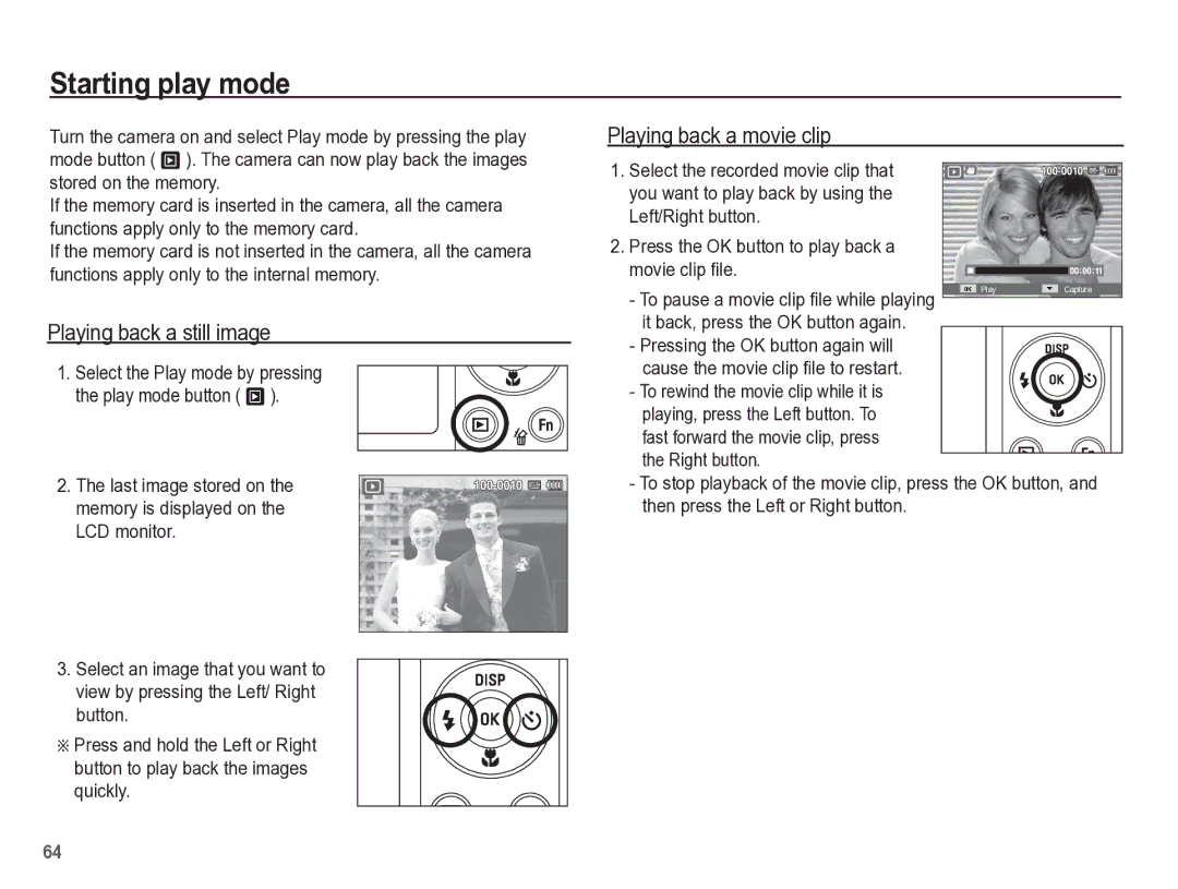 Samsung TL105 manual Starting play mode, Playing back a still image, Playing back a movie clip, Quickly 