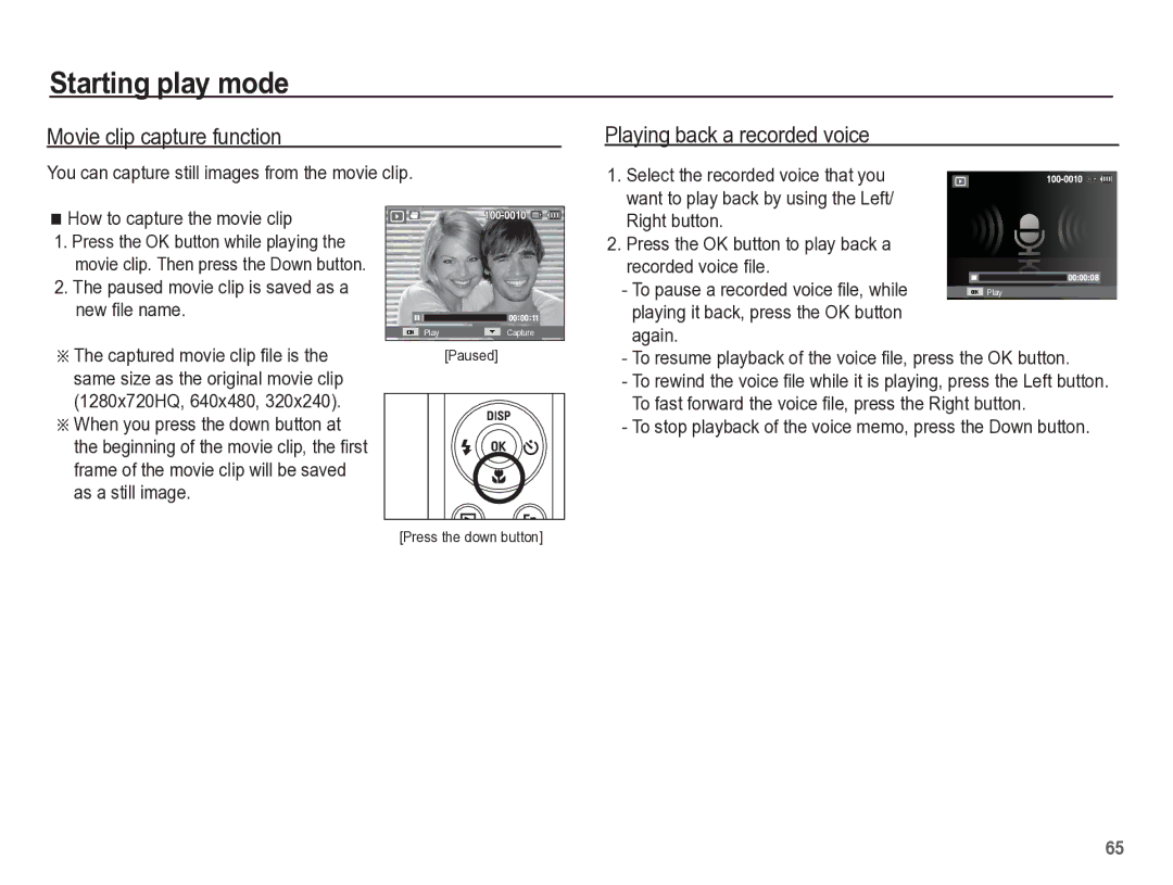 Samsung TL105 manual Movie clip capture function, Playing back a recorded voice 