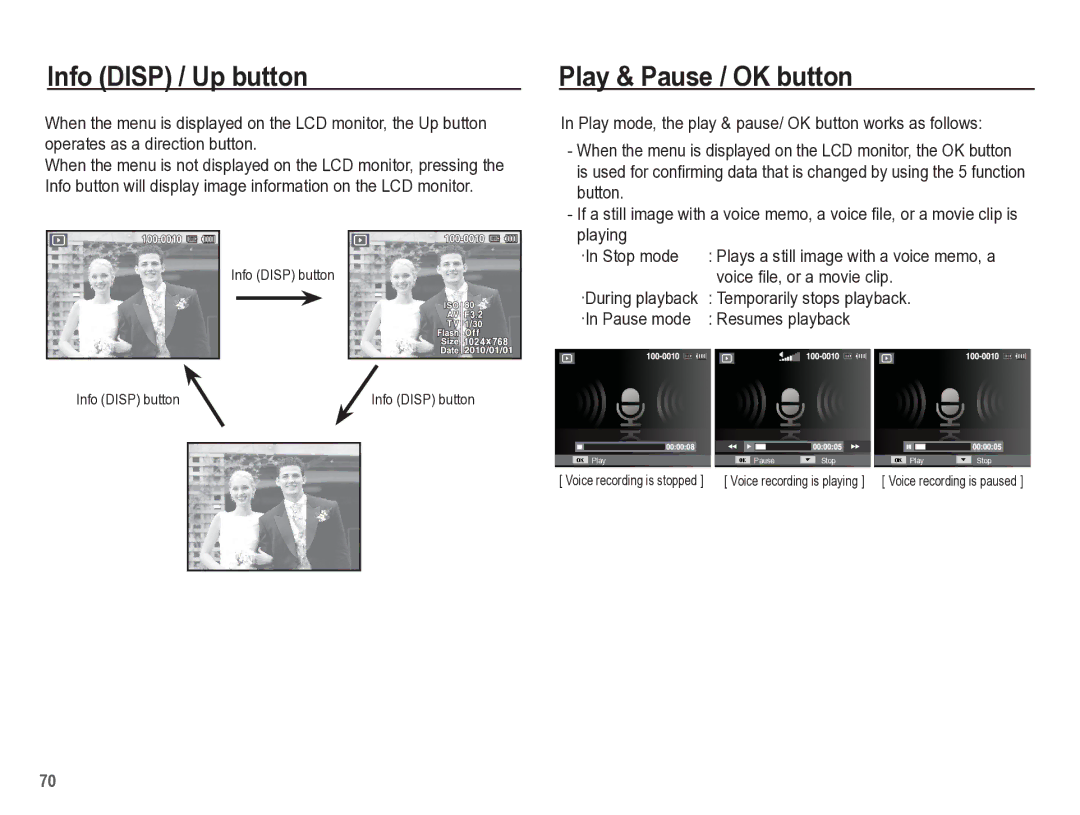 Samsung TL105 manual Play & Pause / OK button, Voice file, or a movie clip, Temporarily stops playback, Resumes playback 