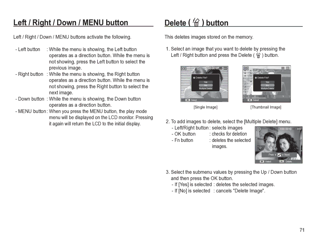 Samsung TL105 manual Left / Right / Down / Menu button, Delete Õ button 