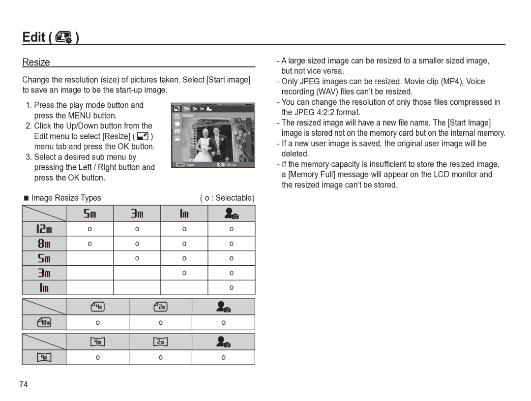 Samsung TL105 manual Edit, Resize 