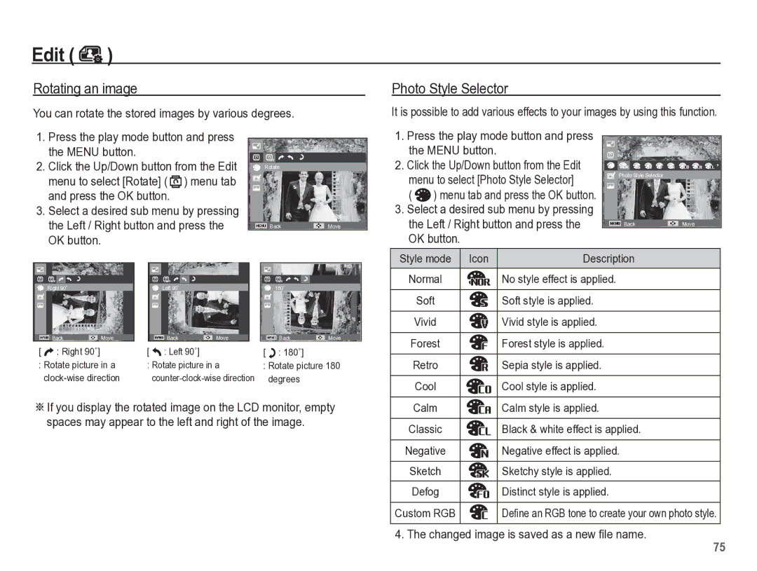 Samsung TL105 manual Rotating an image, You can rotate the stored images by various degrees, Sketchy style is applied 