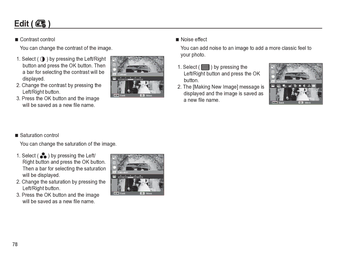 Samsung TL105 manual Change the saturation by pressing the Left/Right button 