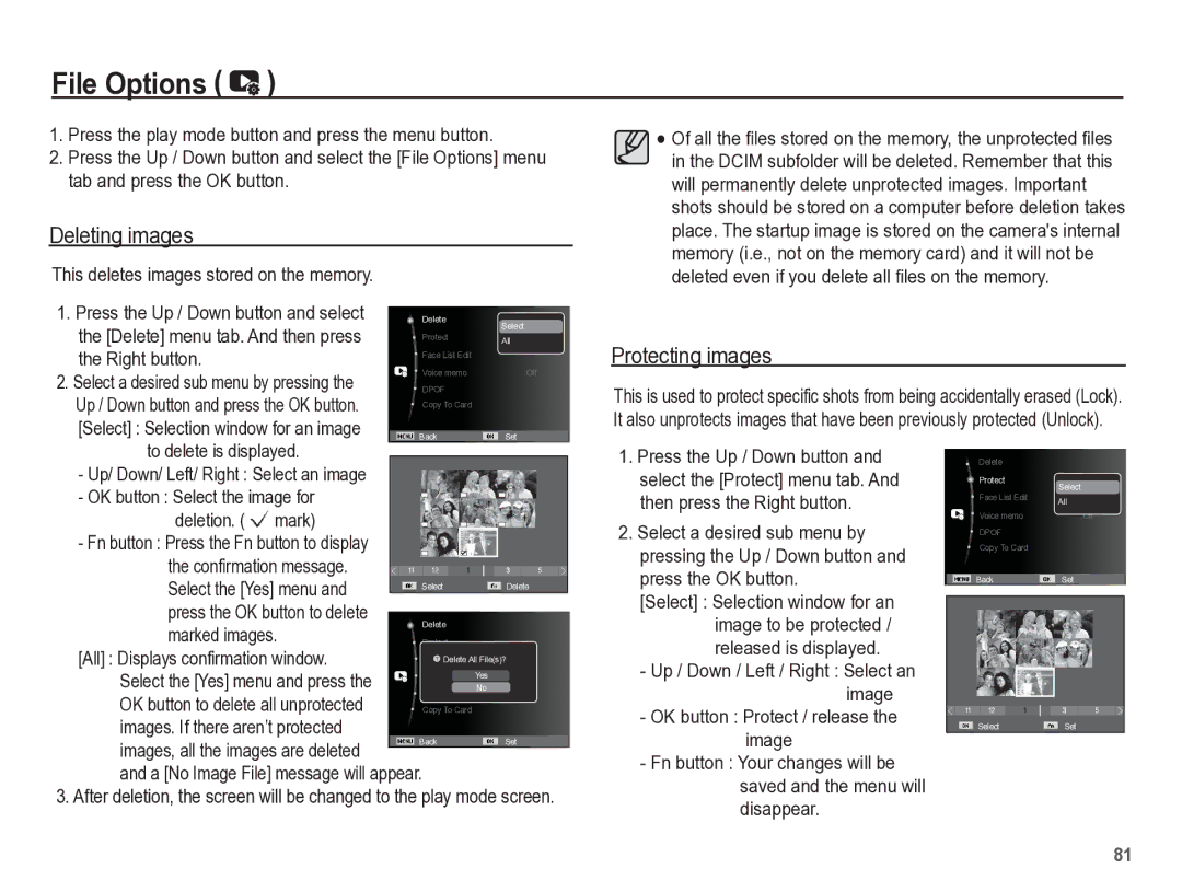 Samsung TL105 manual File Options, Deleting images, Protecting images 