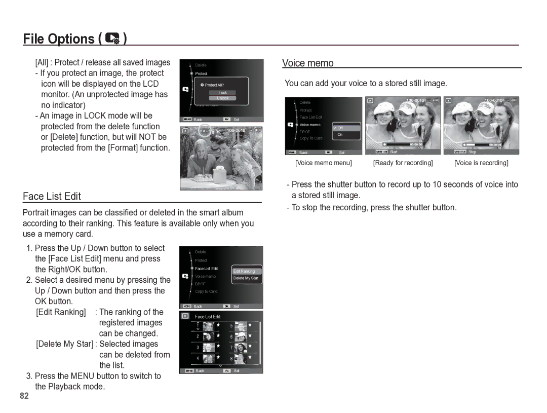 Samsung TL105 manual Face List Edit, You can add your voice to a stored still image No indicator, Stored still image 