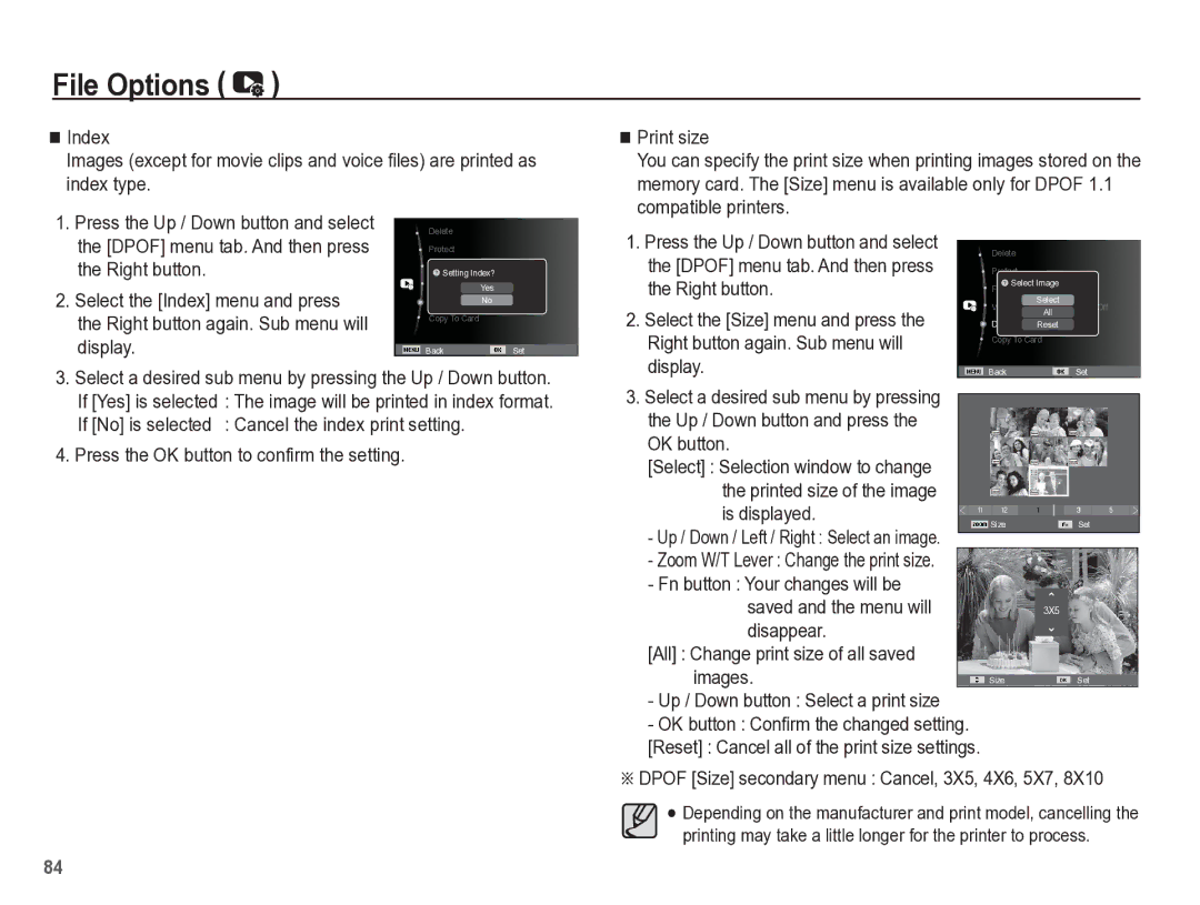 Samsung TL105 manual Dpof Size secondary menu Cancel, 3X5, 4X6, 5X7, Up / Down button Select a print size 