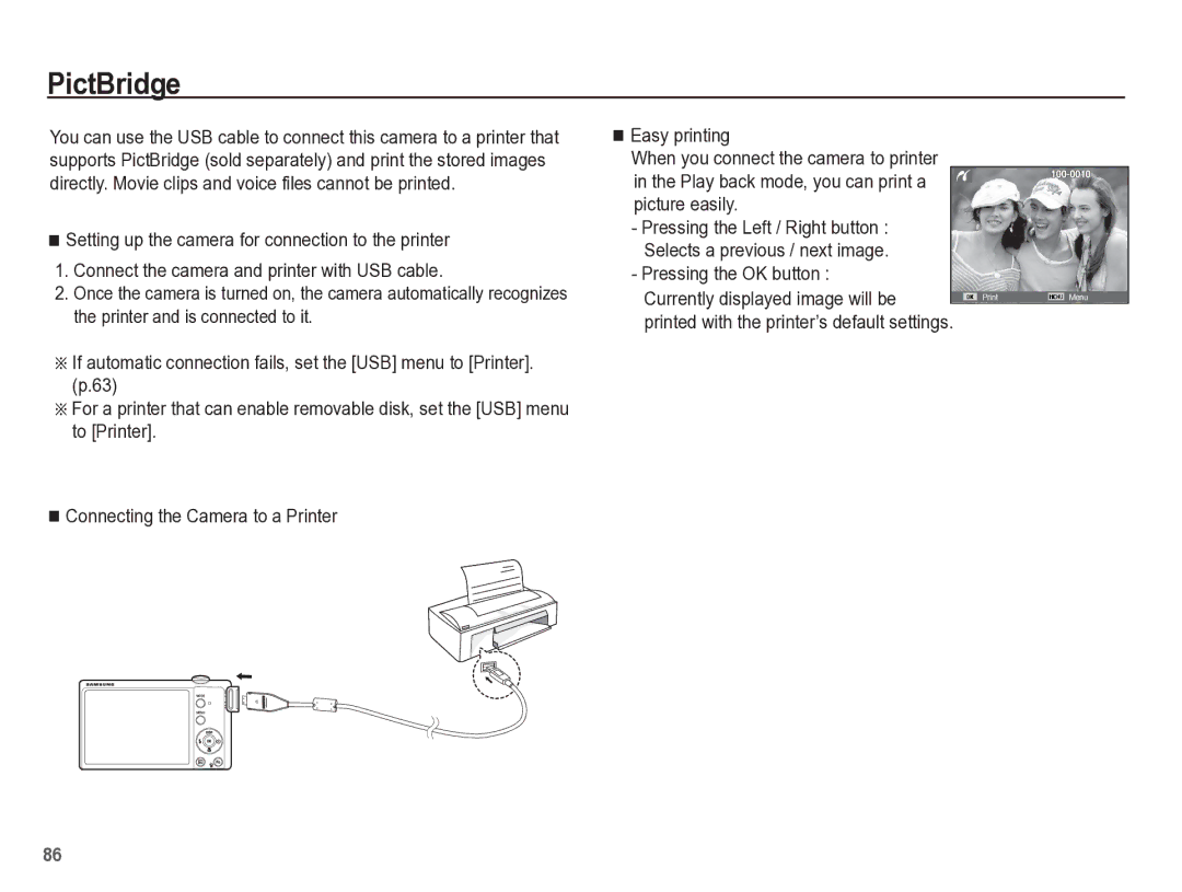 Samsung TL105 manual PictBridge, Pressing the OK button Currently displayed image will be 