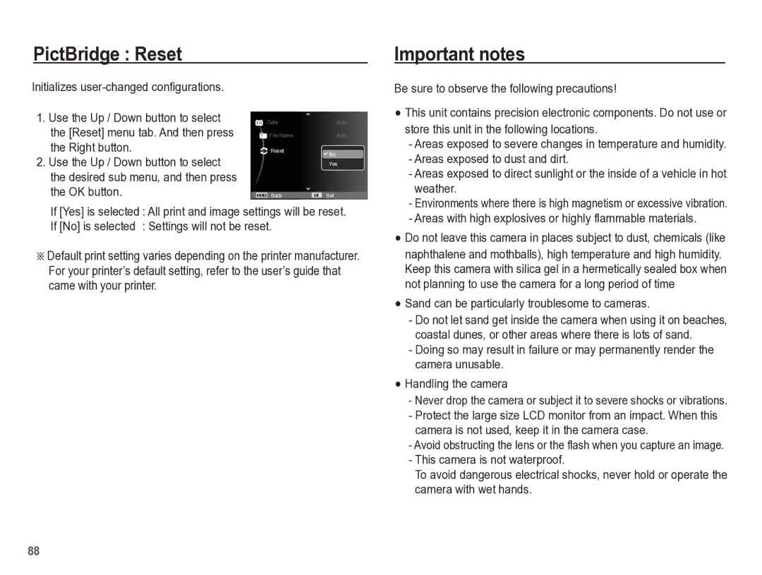 Samsung TL105 manual PictBridge Reset Important notes, Areas exposed to dust and dirt, Weather 