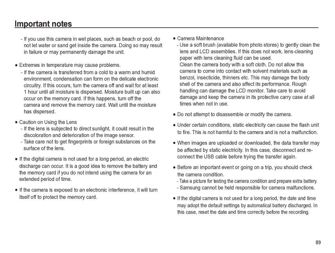 Samsung TL105 manual Extremes in temperature may cause problems, Do not attempt to disassemble or modify the camera 