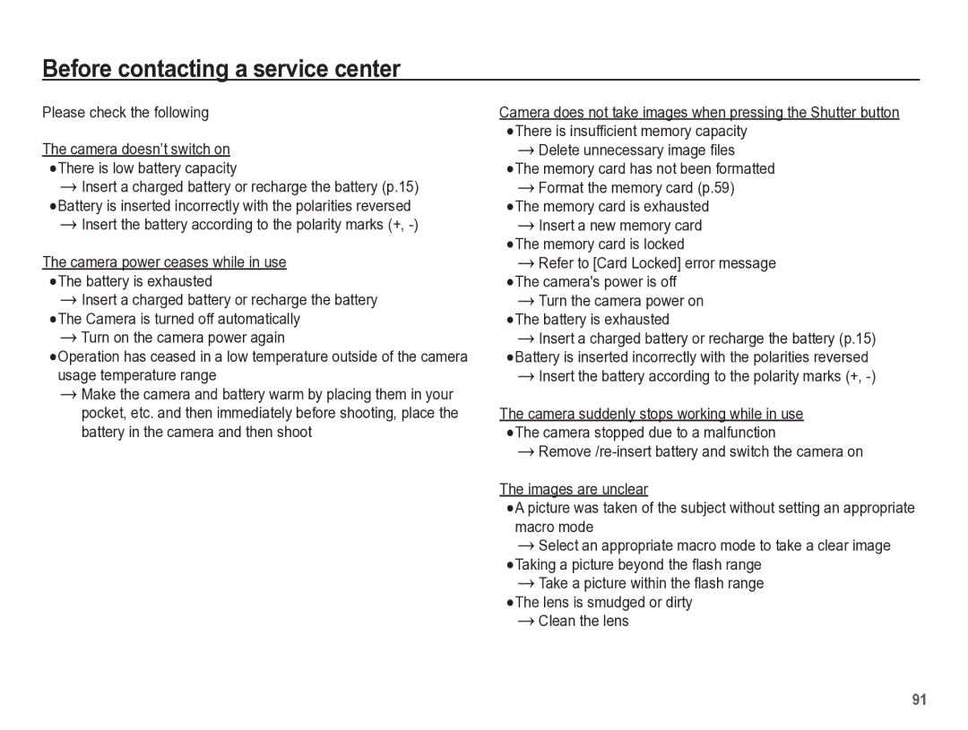 Samsung TL105 manual Before contacting a service center, Please check the following 