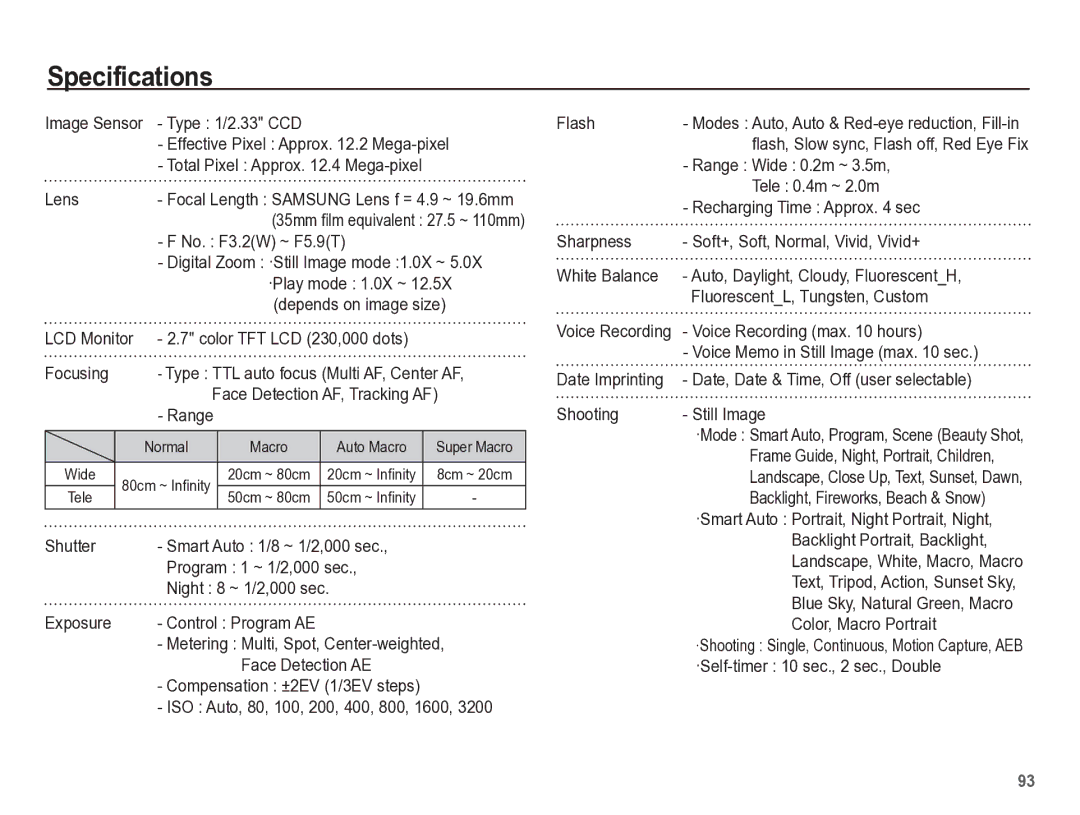 Samsung TL105 manual Specifications 