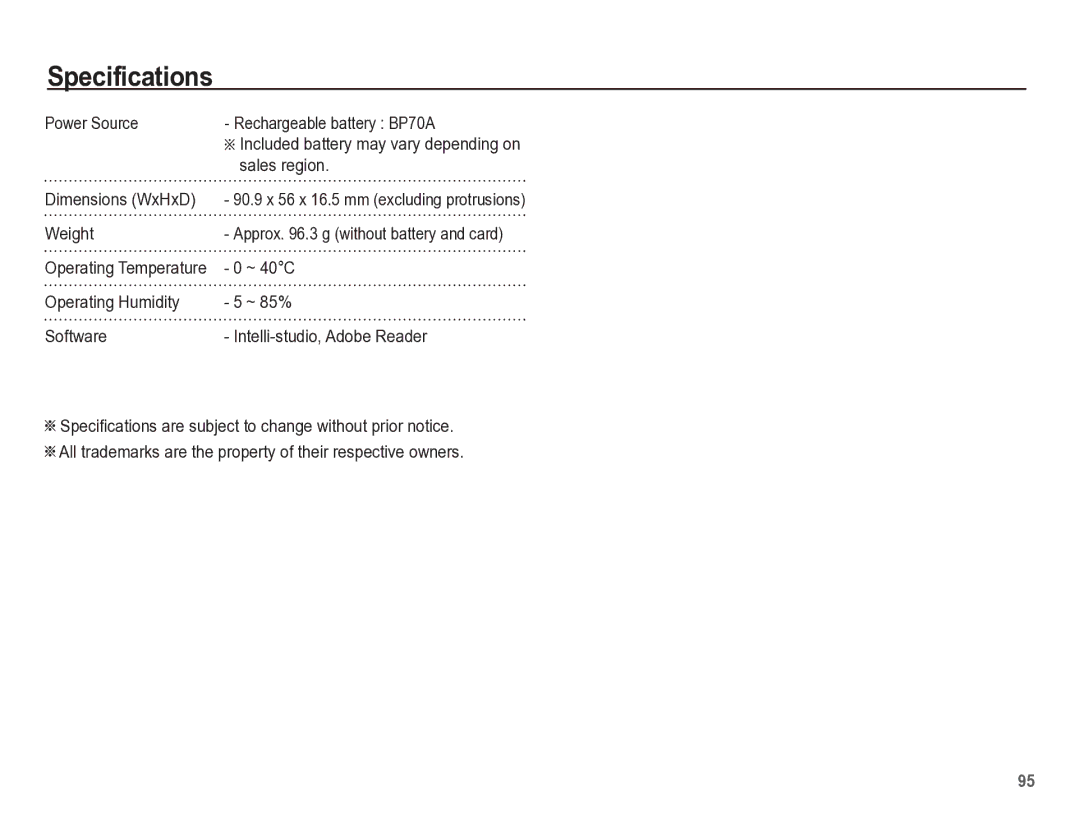 Samsung TL105 manual Power Source Rechargeable battery BP70A, Sales region, Dimensions WxHxD, Weight, ~ 40C 