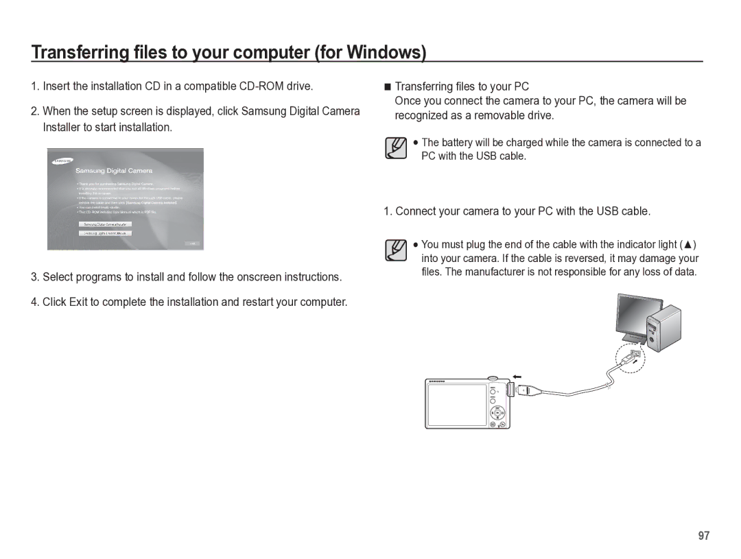 Samsung TL105 manual Connect your camera to your PC with the USB cable 