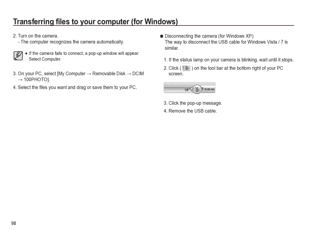 Samsung TL105 manual Screen Click the pop-up message Remove the USB cable 