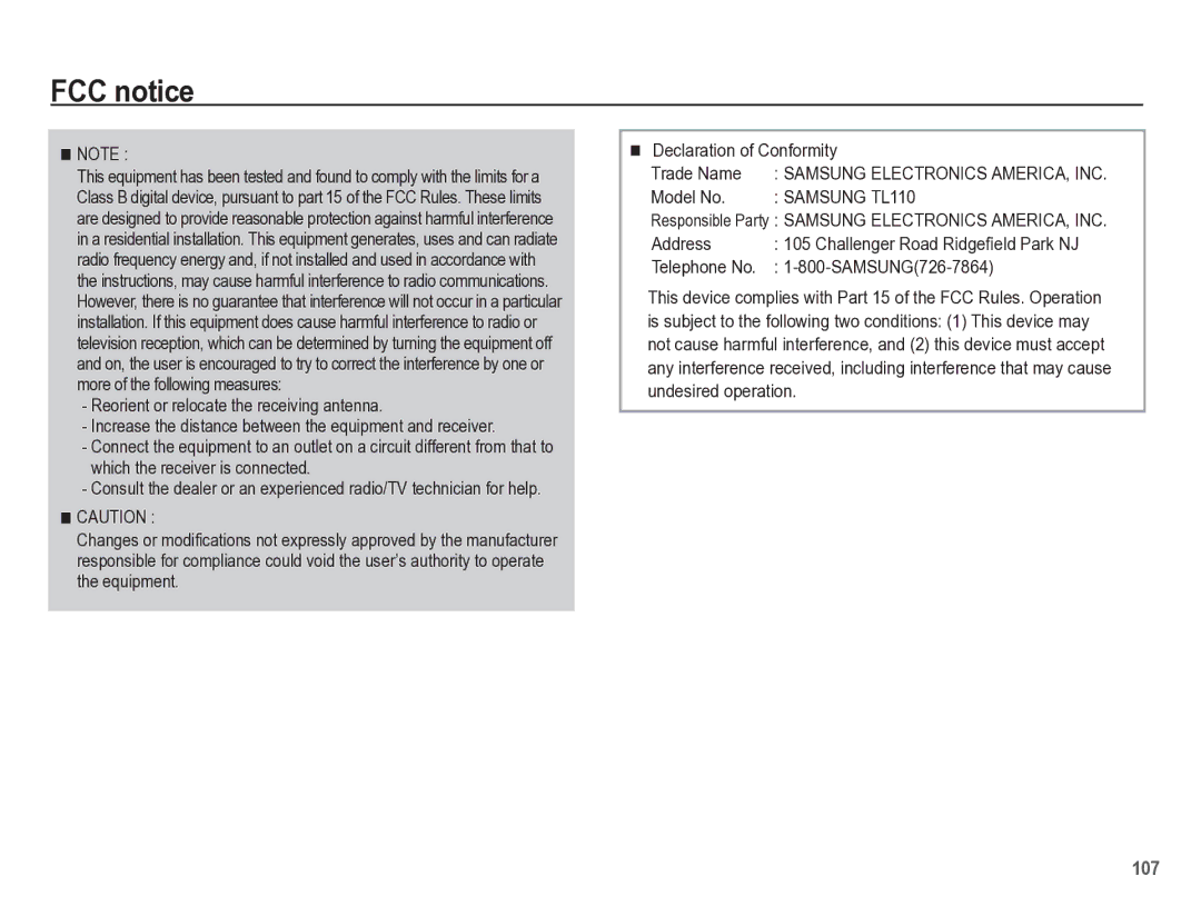 Samsung TL110 manual FCC notice, Model No, Address, Telephone No SAMSUNG726-7864 