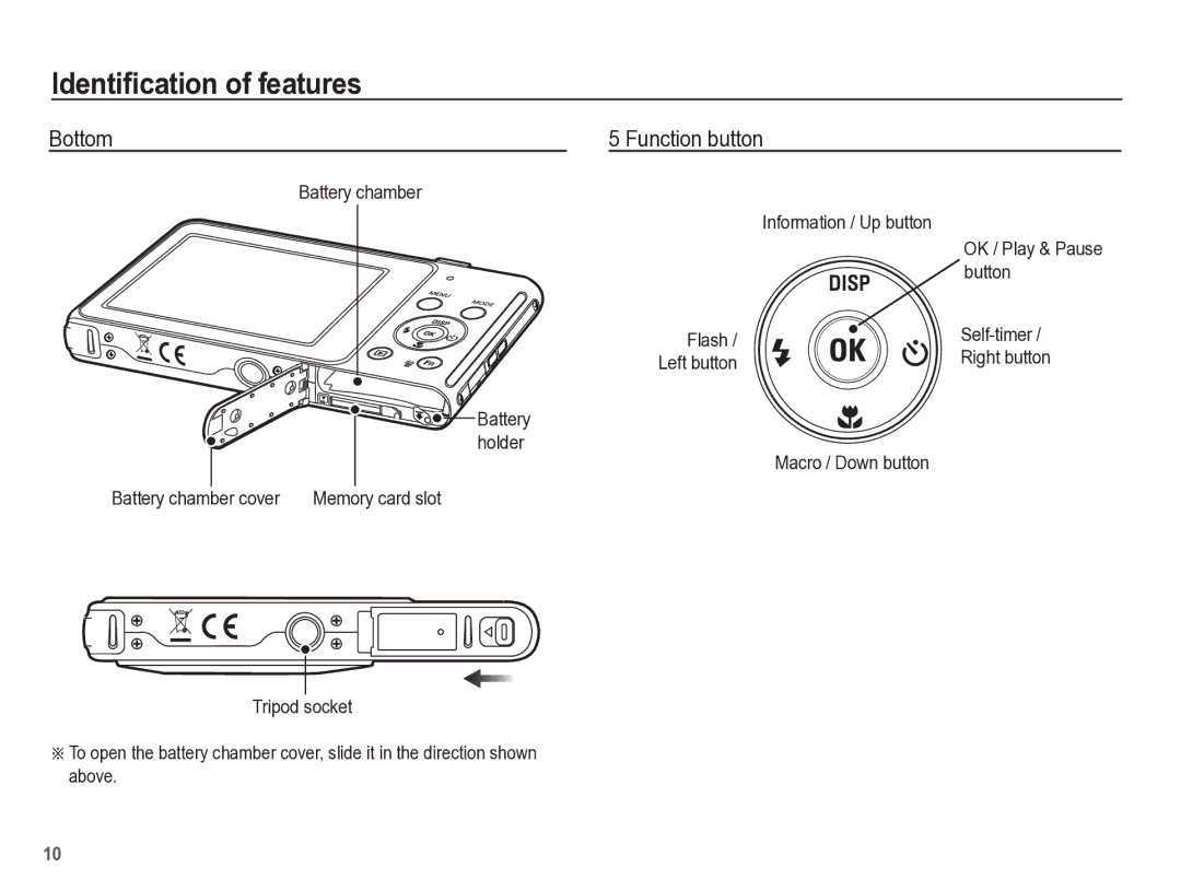 Samsung TL110 manual Bottom Function button, Button, Information / Up button, Battery chamber cover 