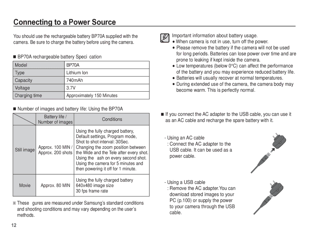 Samsung TL110 manual Connecting to a Power Source, BP70A rechargeable battery Speciﬁcation 