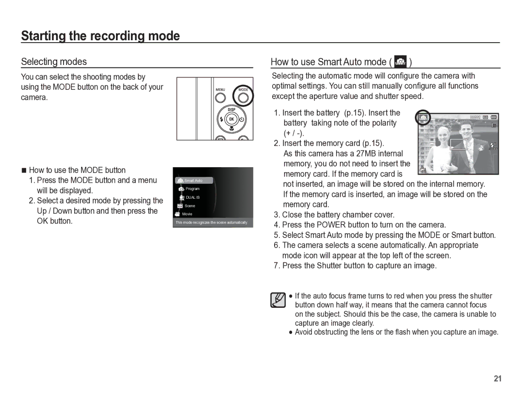 Samsung TL110 manual Starting the recording mode, Selecting modes How to use Smart Auto mode 