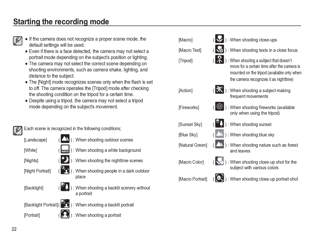 Samsung TL110 manual Nights, Place, Backlight, Portrait, Tripod, Only when using the tripod, Leaves, Macro Color 