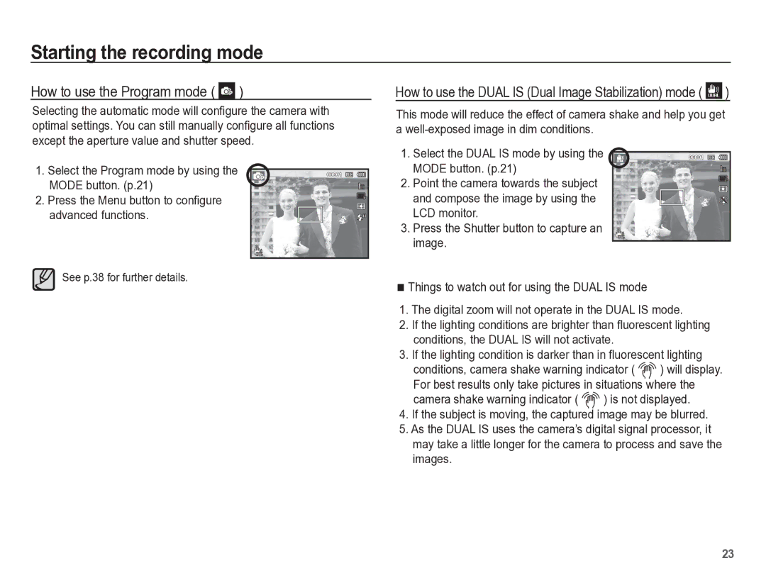 Samsung TL110 manual How to use the Program mode, See p.38 for further details 