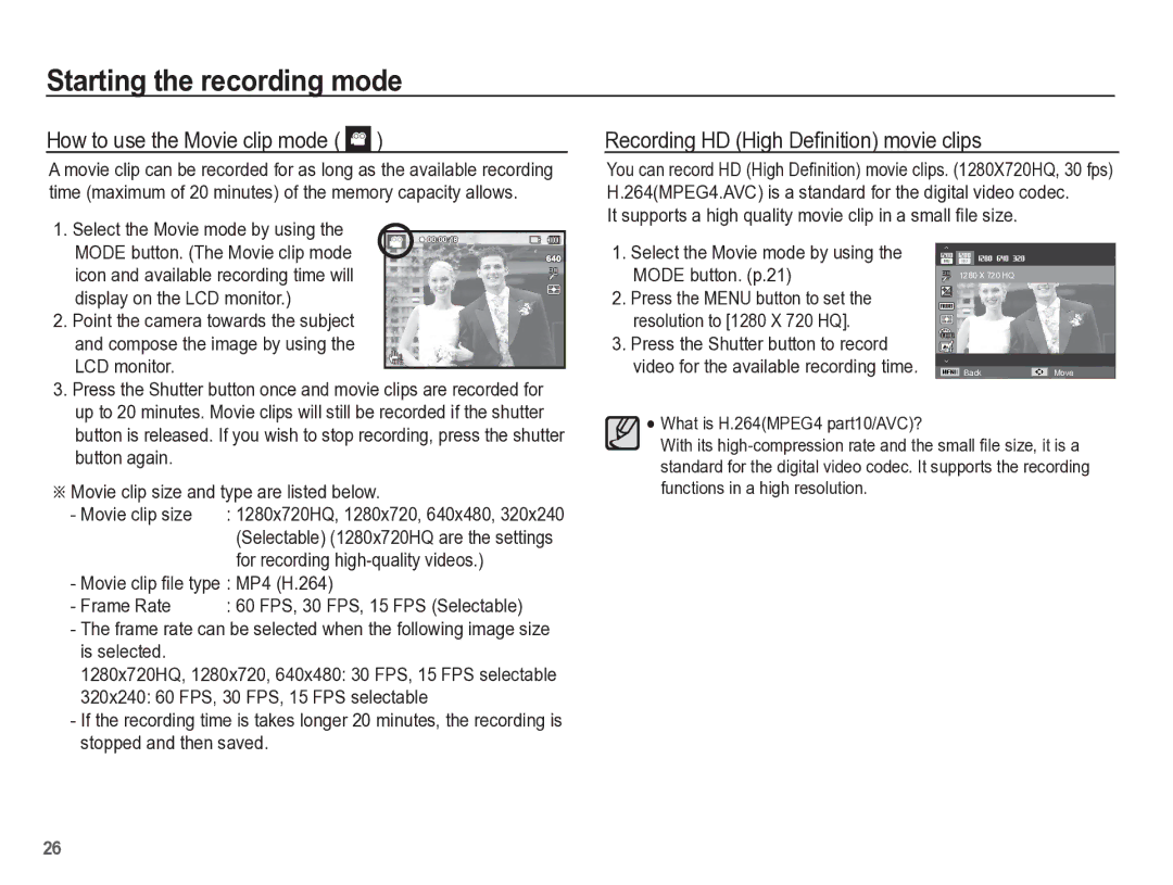 Samsung TL110 manual How to use the Movie clip mode, Recording HD High Deﬁnition movie clips 