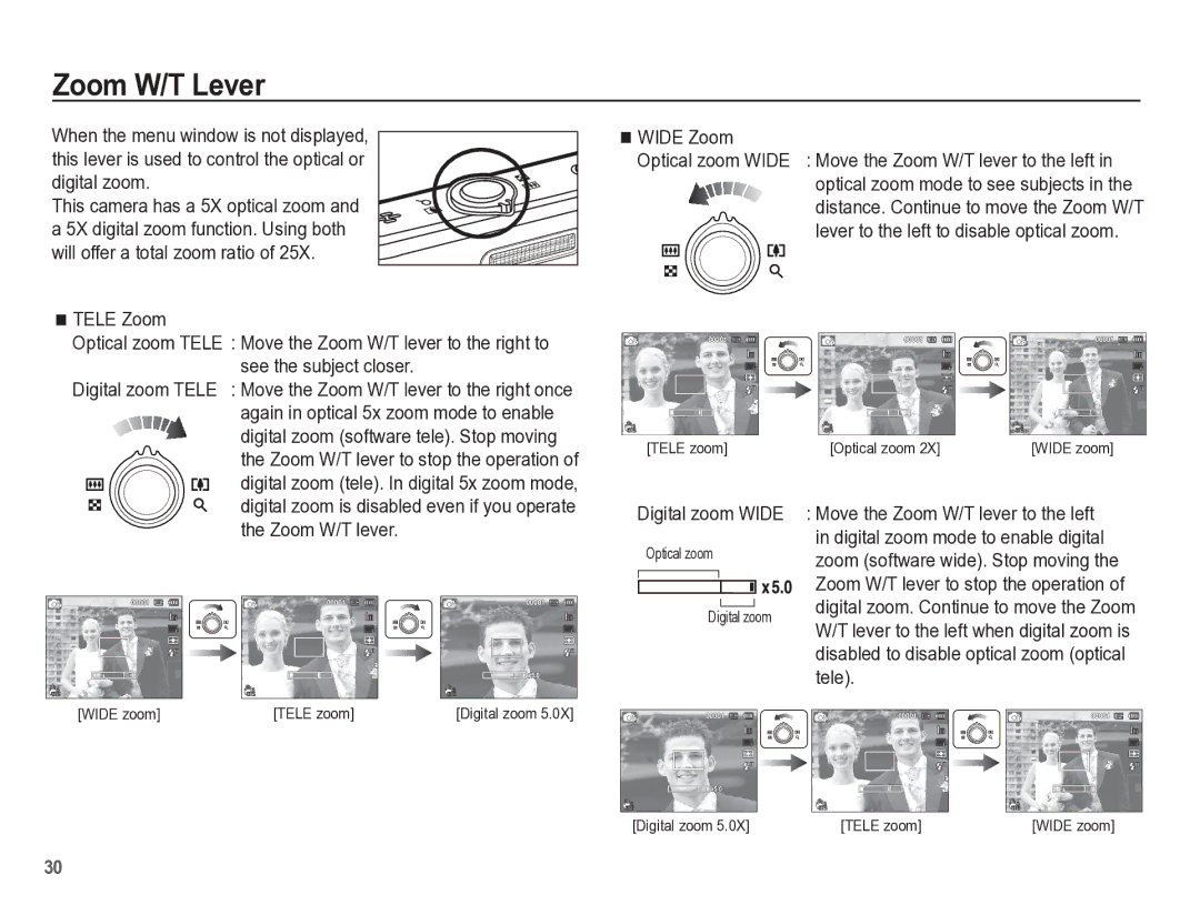 Samsung TL110 manual Zoom W/T Lever, Digital zoom. This camera has a 5X optical zoom, Wide Zoom, Digital zoom Wide 