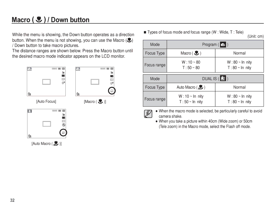 Samsung TL110 manual Macro / Down button, Mode 