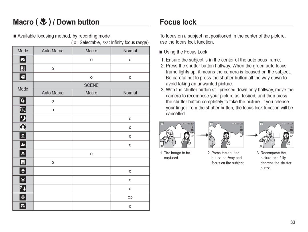 Samsung TL110 manual Focus lock, Available focusing method, by recording mode, Selectable, Inﬁnity focus range Mode 