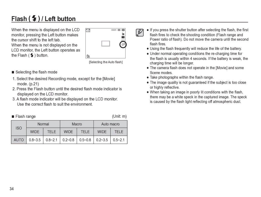 Samsung TL110 manual Flash / Left button, Flash range, Normal Macro Auto macro, ~3.5 ~2.1 ~0.8 