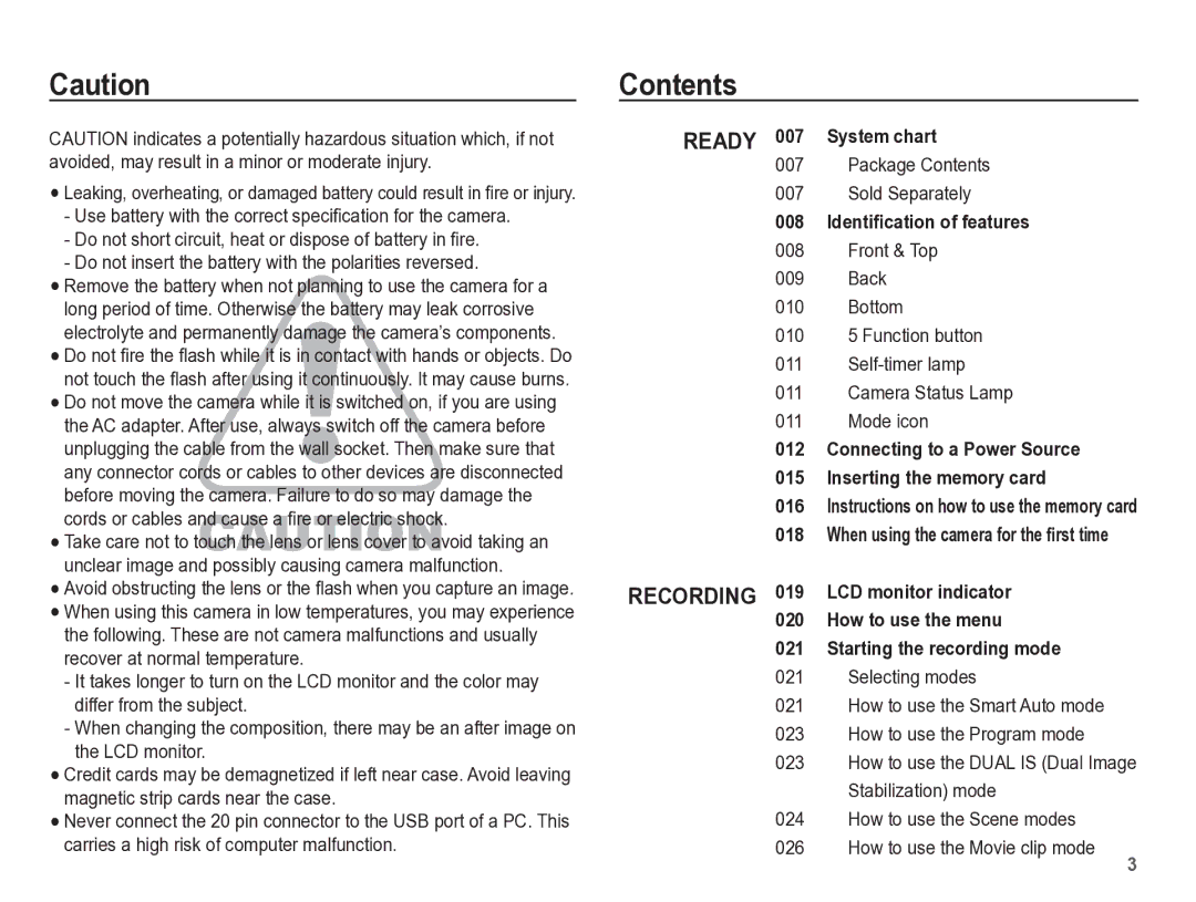 Samsung TL110 manual Contents 