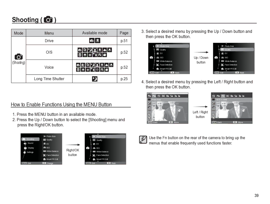 Samsung TL110 manual How to Enable Functions Using the Menu Button, Then press the OK button, Shooting 