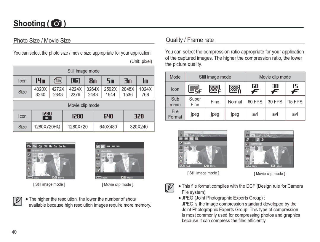 Samsung TL110 manual Photo Size / Movie Size, Quality / Frame rate 