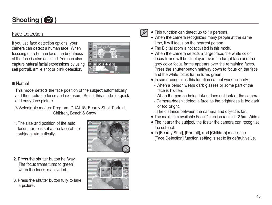 Samsung TL110 manual Face Detection, Normal, Some conditions this function cannot work properly, Or too bright 