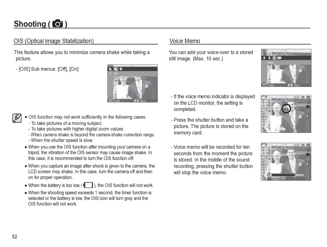 Samsung TL110 manual OIS Optical image Stabilization Voice Memo, To take pictures with higher digital zoom values 