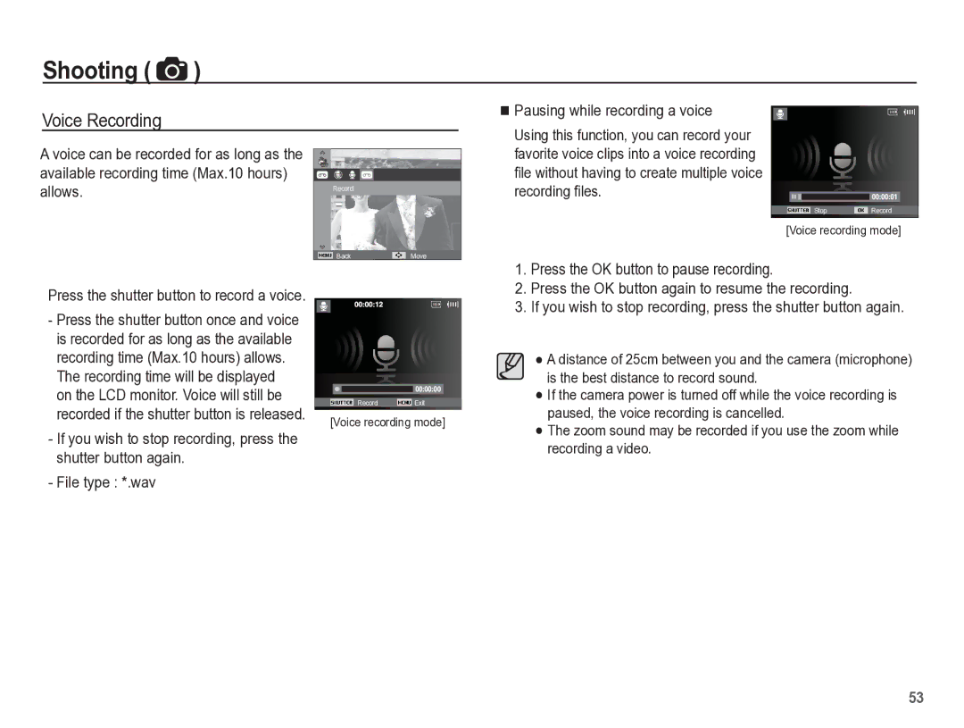 Samsung TL110 manual Voice Recording, Available recording time Max.10 hours Allows, Pausing while recording a voice 