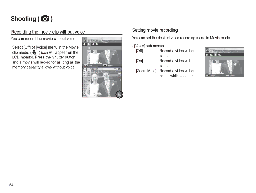 Samsung TL110 manual Voice sub menus Off, Sound, Record a video with 