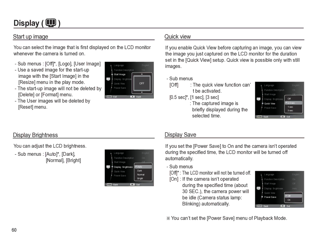 Samsung TL110 manual Start up image, Quick view, Display Brightness, Display Save 