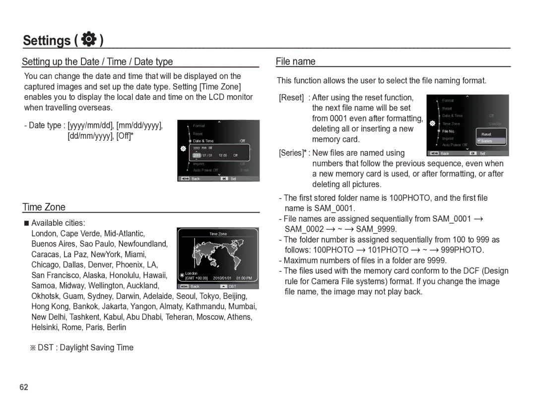 Samsung TL110 manual Setting up the Date / Time / Date type, File name, Time Zone 