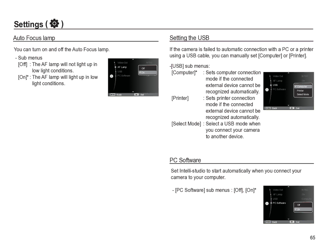 Samsung TL110 manual Auto Focus lamp, Setting the USB, PC Software 