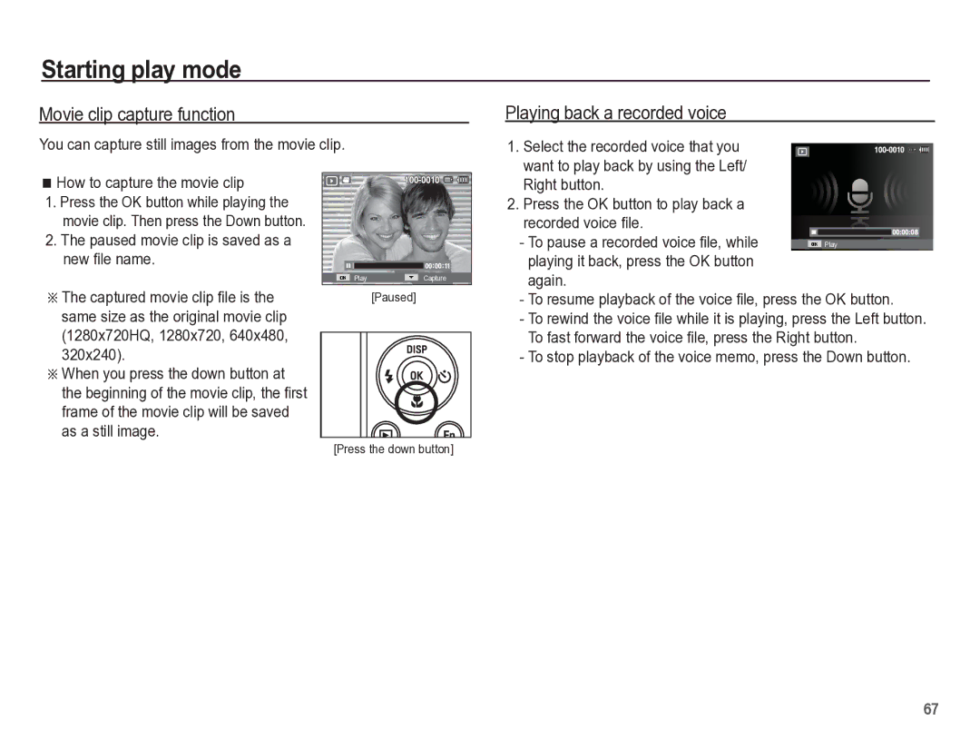 Samsung TL110 manual Movie clip capture function, Playing back a recorded voice 